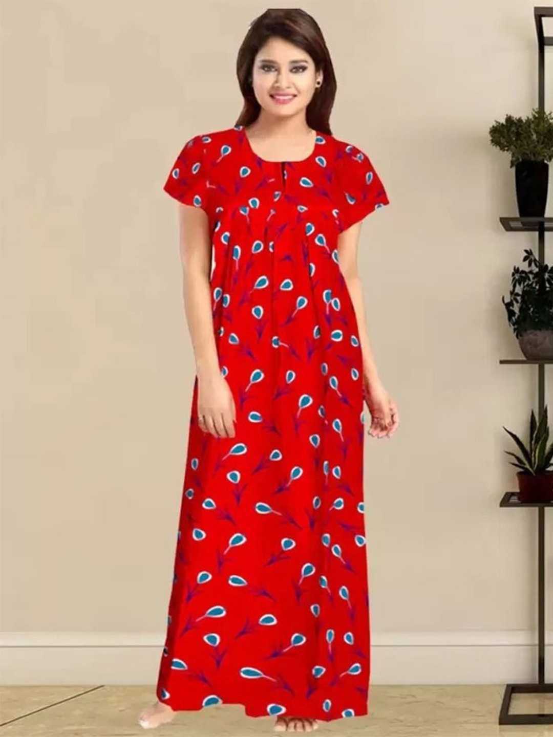 

PR PINK ROYAL Women Printed Maxi Nightdress, Red