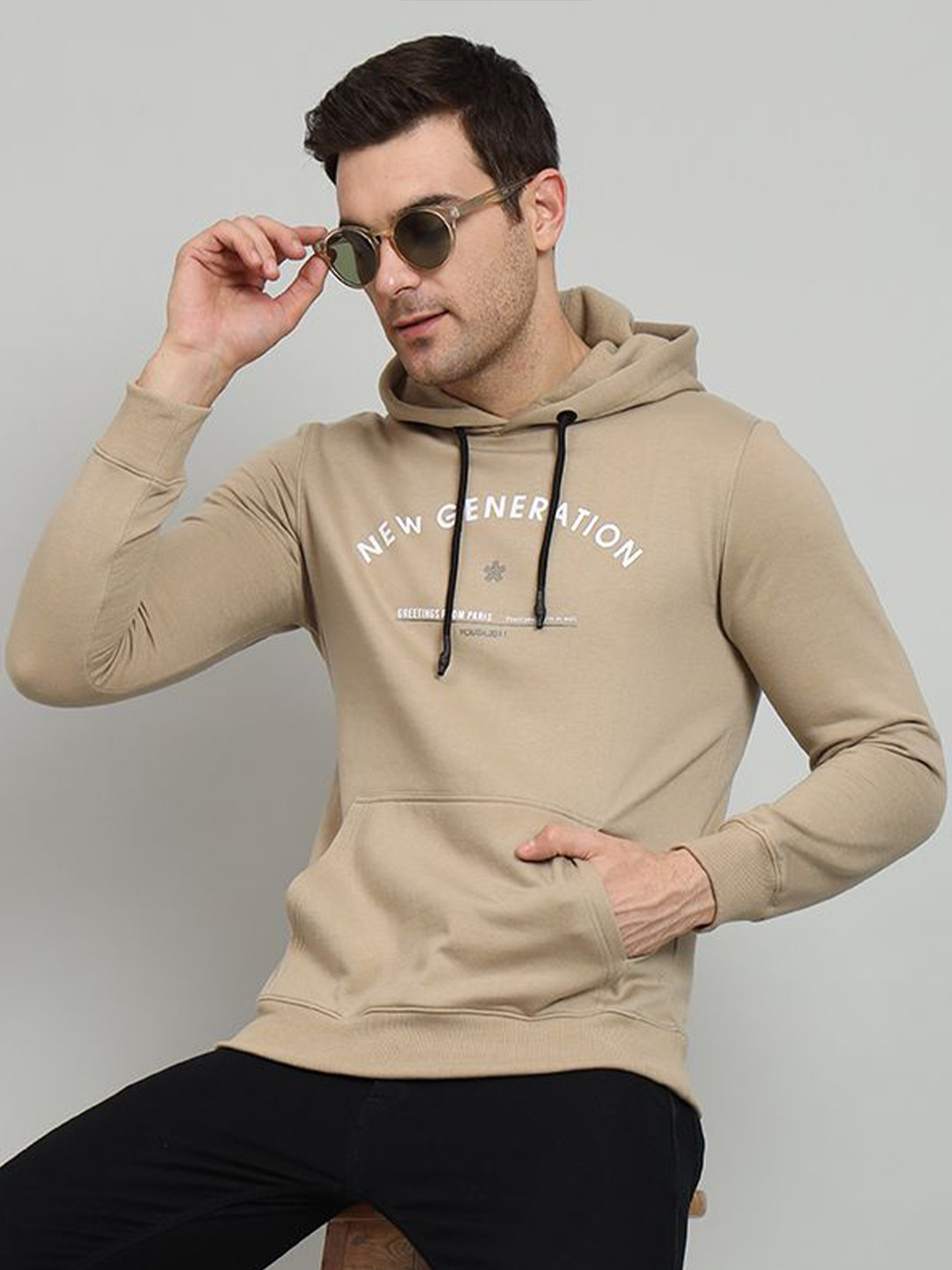 

OGEN Men Printed Hooded Sweatshirt, Beige