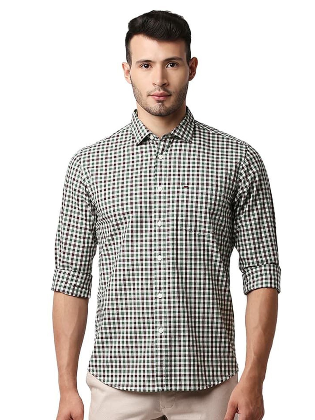 

Basics Men Relaxed Fit Spread Collar Gingham Checked Cotton Casual Shirt, Green