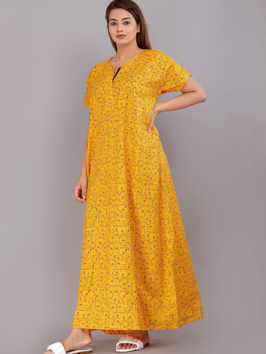 

PR PINK ROYAL Women Printed Kaftan Nightdress, Yellow