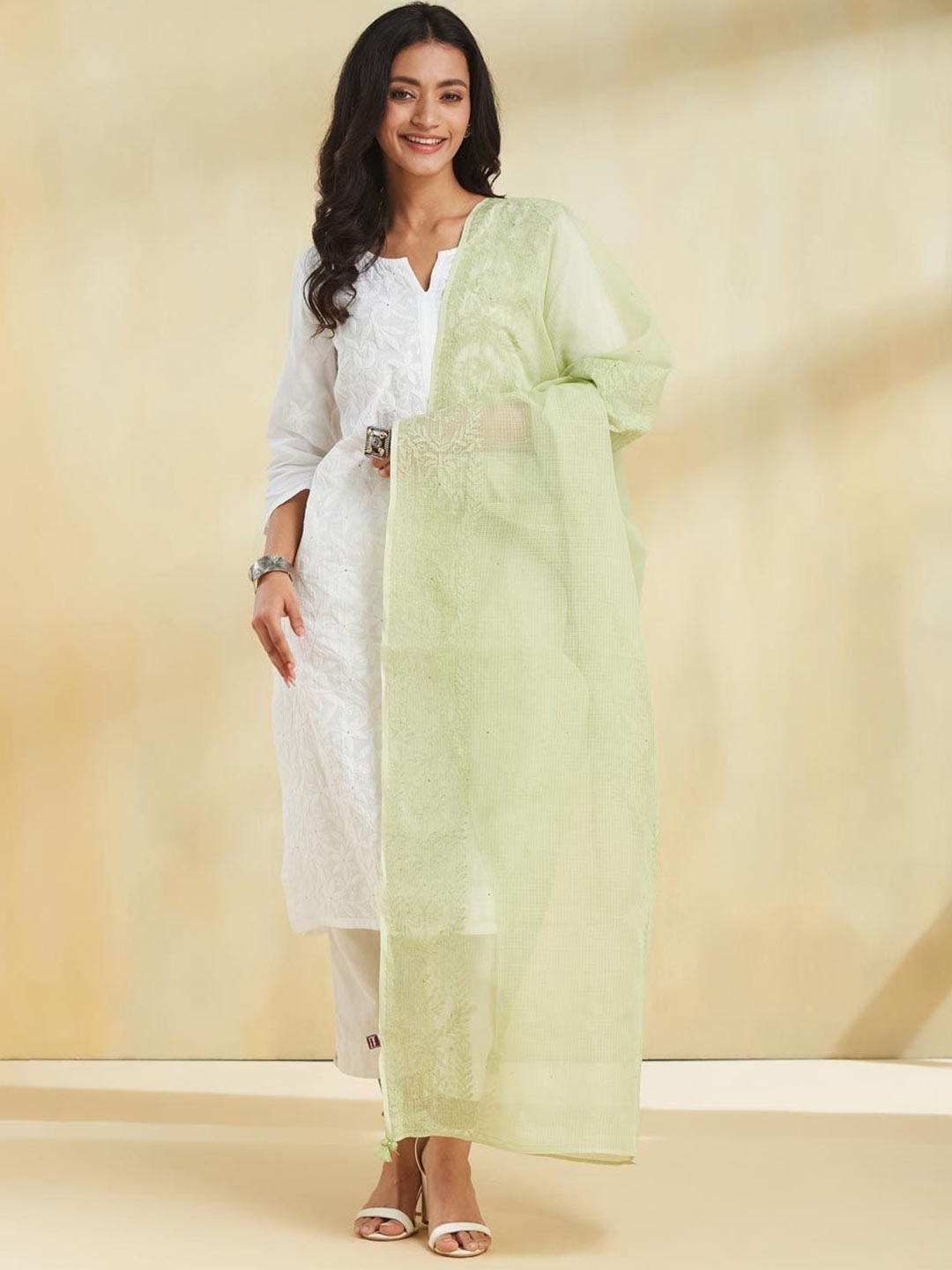 

Fabindia Floral Embroidered Cotton Silk Dupatta With Chikankari, Green