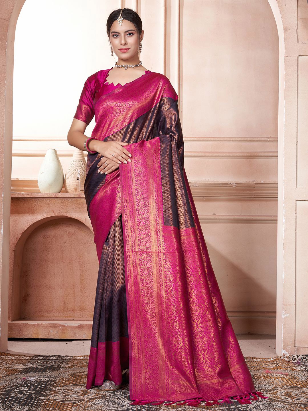 

LeeliPeeri Designer Woven Design Zari Silk Blend Kanjeevaram Saree, Pink