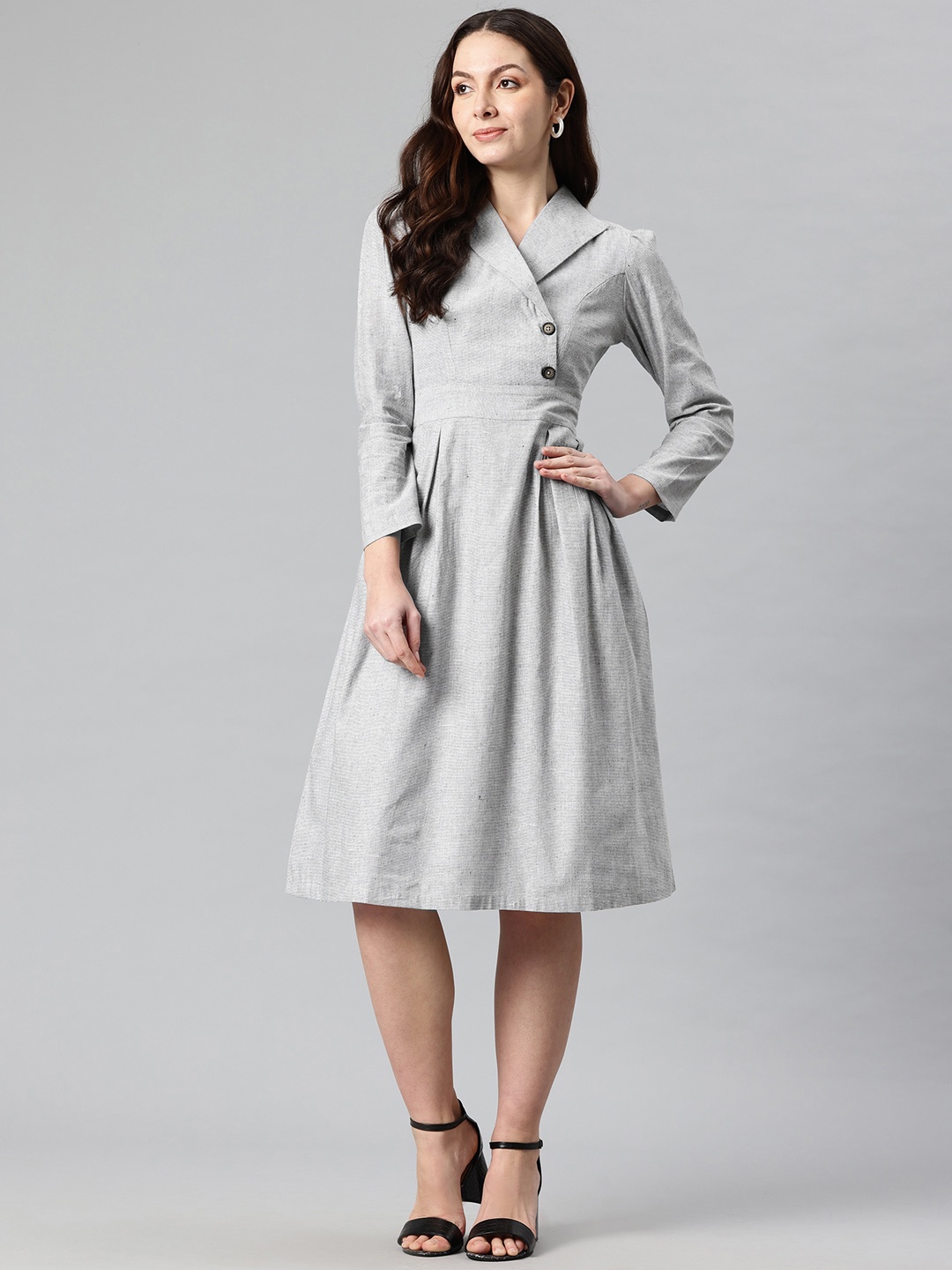 

Cottinfab Solid Lapel Collar Blazer Dress with Tie Up Detail, Grey