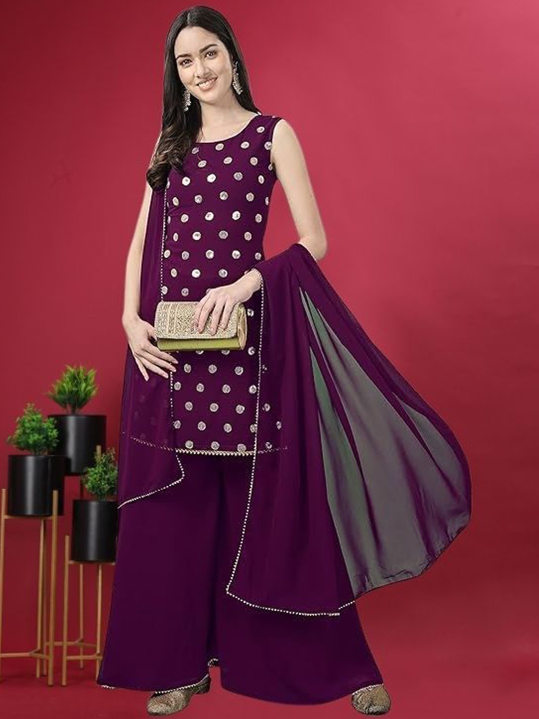 

PARROT CREATION Geometric Embroidered Sequinned Georgette Kurti with Sharara And Dupatta, Purple