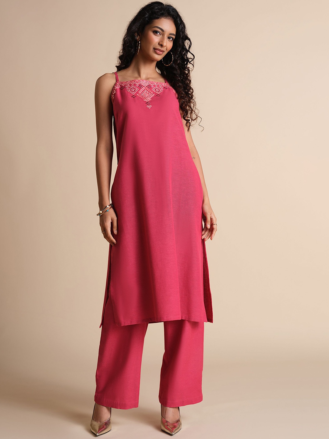 

Global Desi Ethnic Motifs Yoke Design Mirror Work Kurta with Trouser, Red