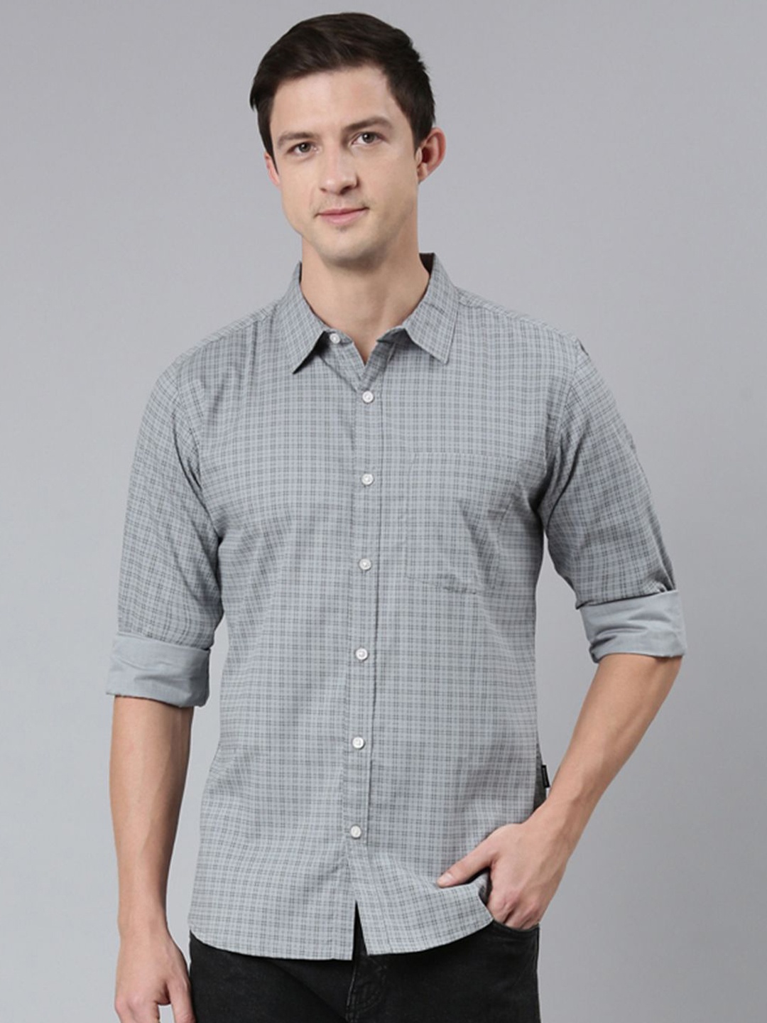 

Provogue Men Spread Collar Checked Cotton Casual Shirt, Grey