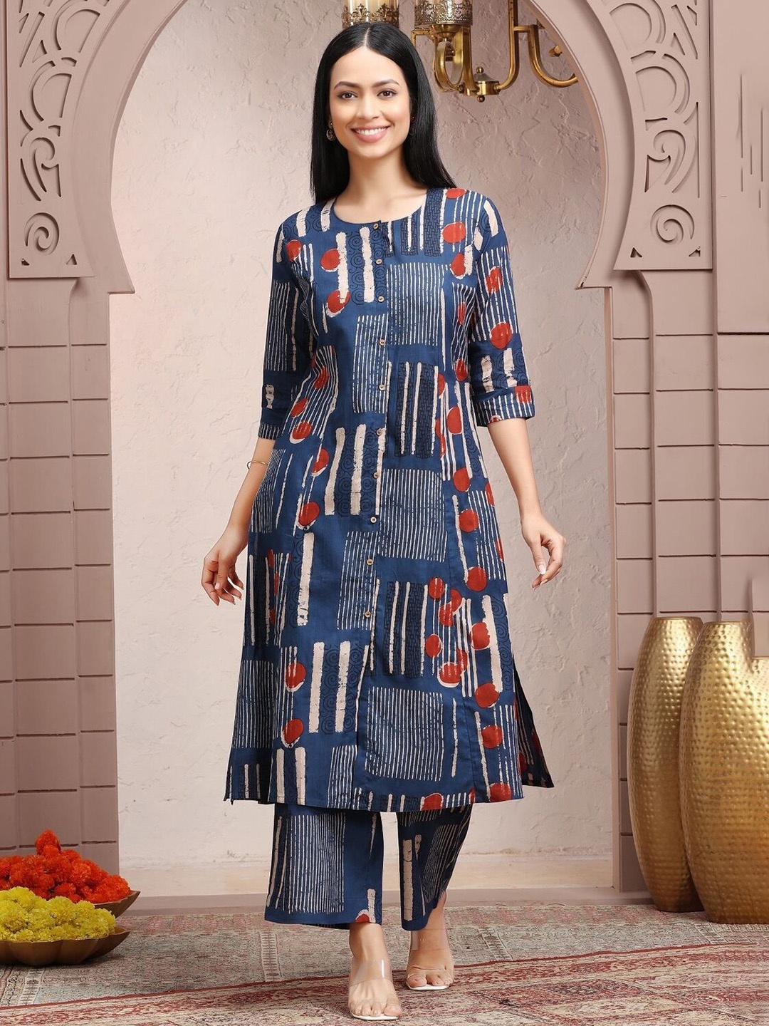 

COTTON CULTURE Geometri Printed Pure Cotton Straight Kurta With Trousers, Blue