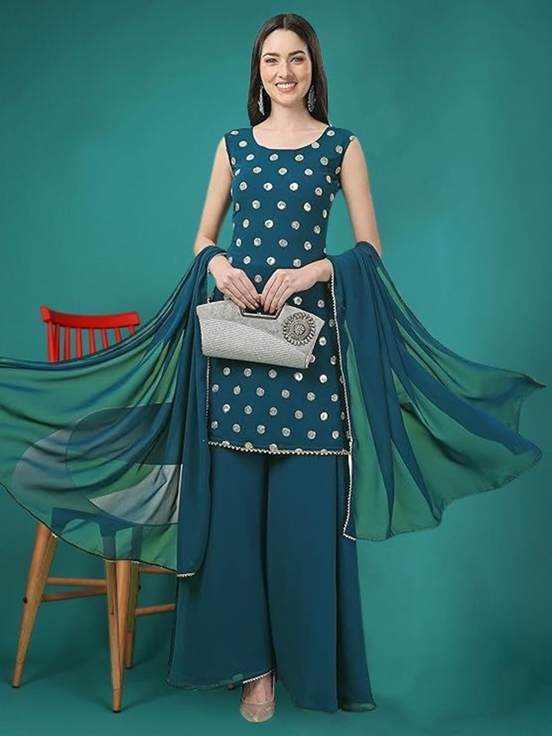 

PARROT CREATION Geometric Embroidered Sequinned Georgette Kurti with Sharara And Dupatta, Teal