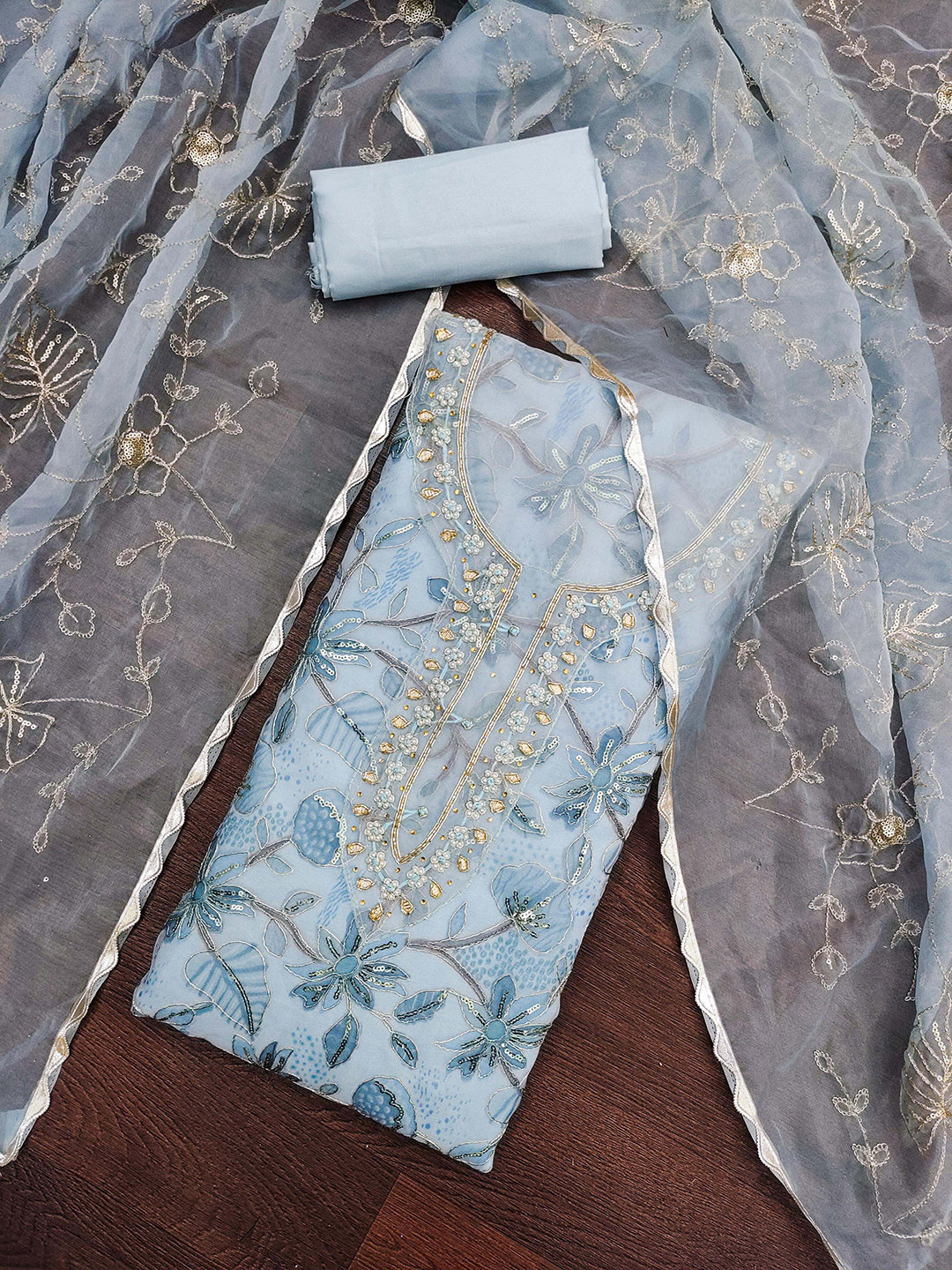 

HERE&NOW Floral Embellished Organza Unstitched Dress Material, Blue