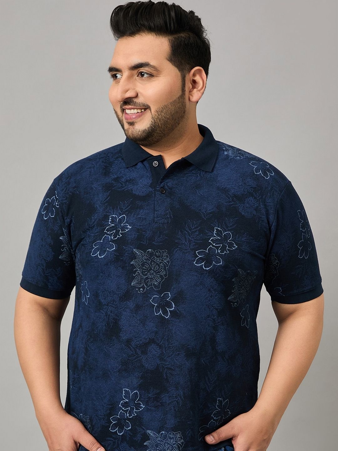 

NYKER Men Plus Size Floral Printed Polo Collar Cotton T-shirt, Navy blue