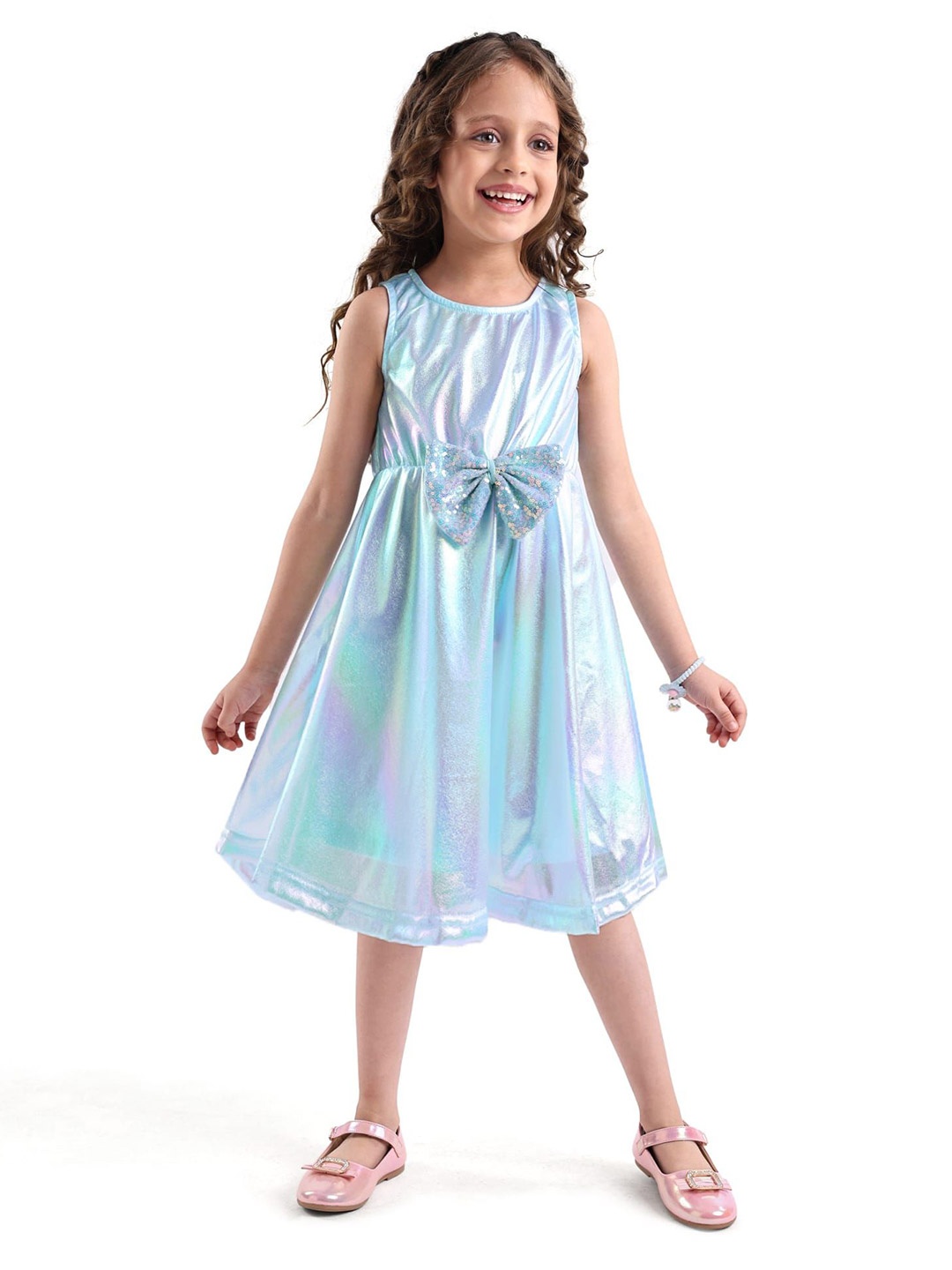 

Hola Bonita Girls Embellished Bow Fit and Flare Dress with Sequined Shrug, Blue