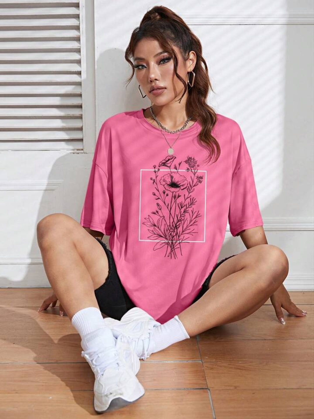 

KASHIAN Women Floral Printed Round Neck Cotton Oversized T-shirt, Pink