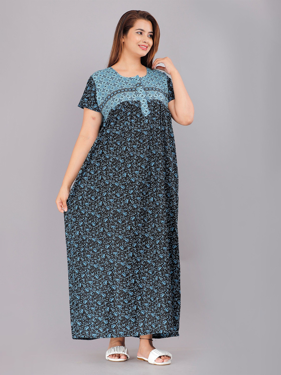 

PR PINK ROYAL Women Floral Printed Pure Cotton Maxi Nightdress, Blue