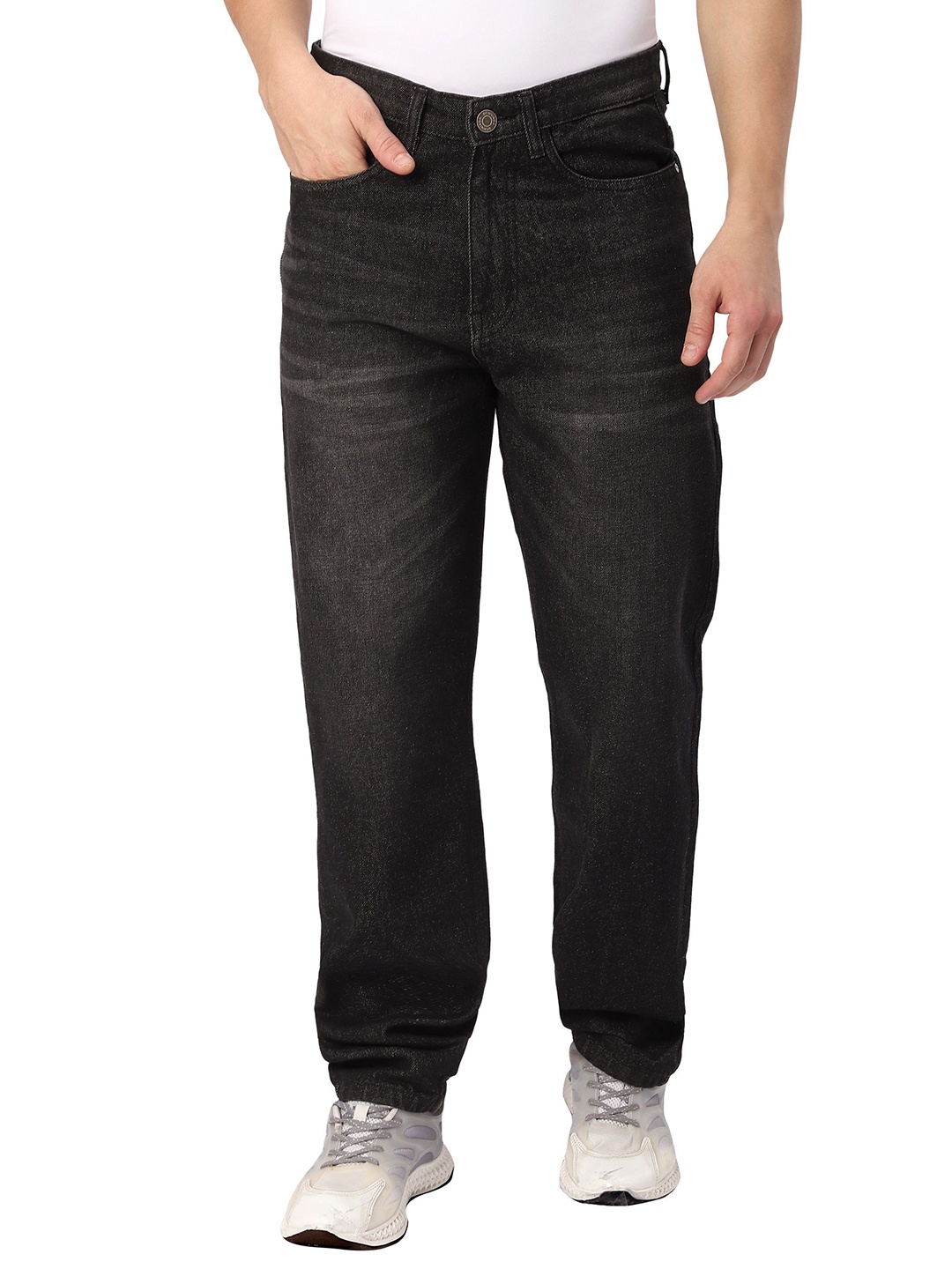 

Beyoung Black Whisker Baggy Fit Jeans for Mens