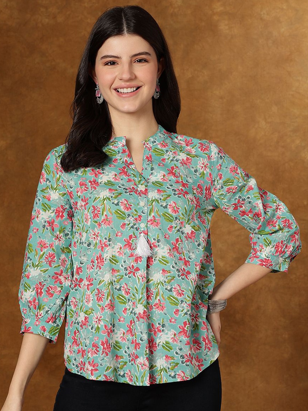 

JANAKDULARI CREATION Women Floral Printed Mandarin Collar Cotton Top, Sea green