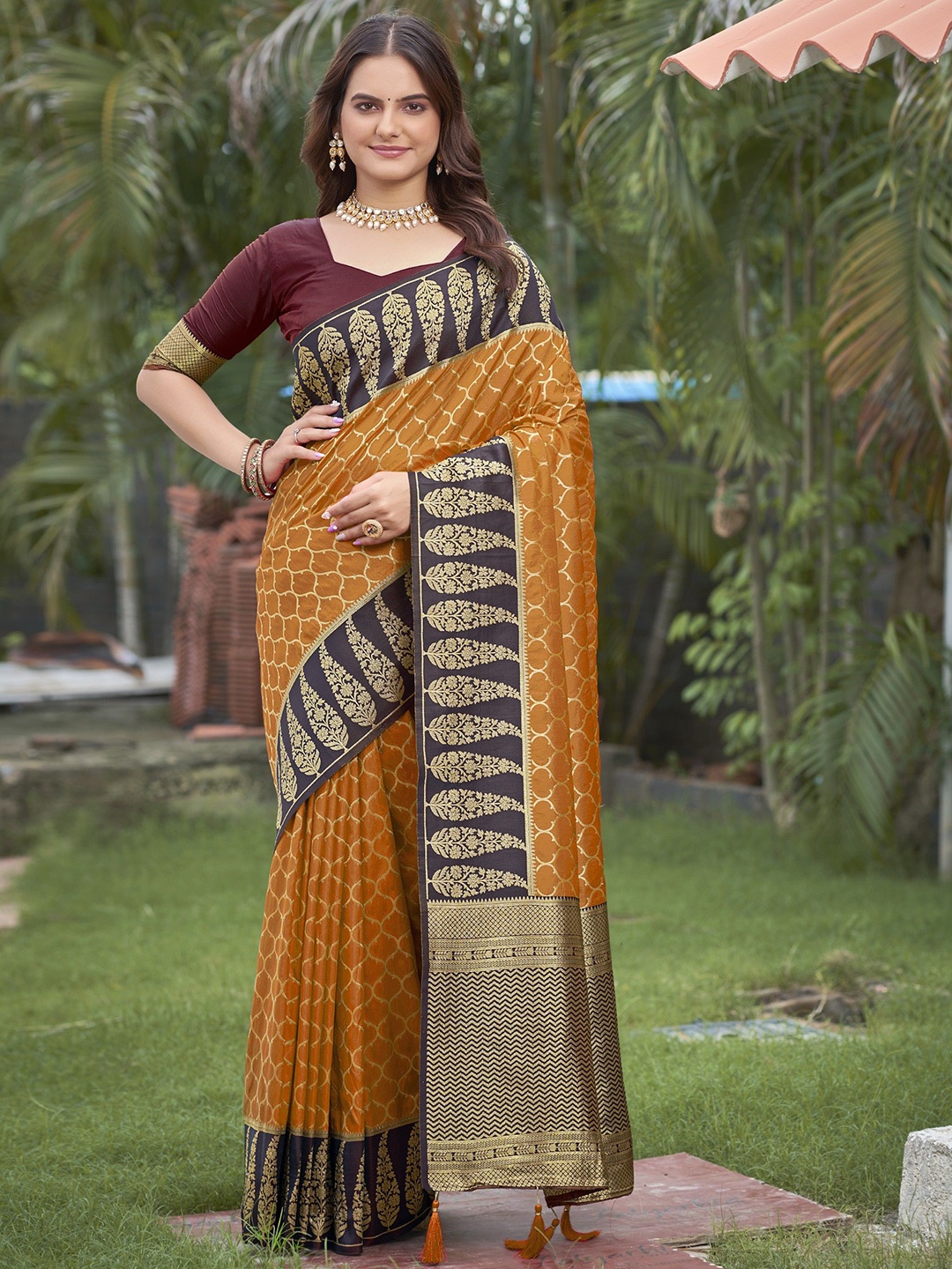 

SAREETHNIC Woven Design Zari Pure Silk Banarasi Saree, Mustard