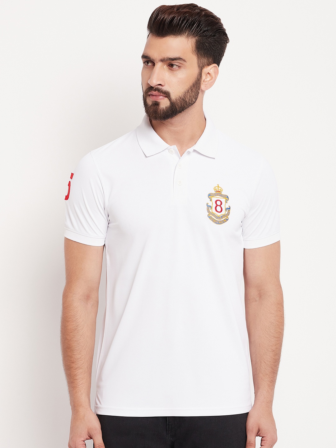 

AUXAMIS Men Polo Collar Extended Sleeves Pockets T-shirt, White
