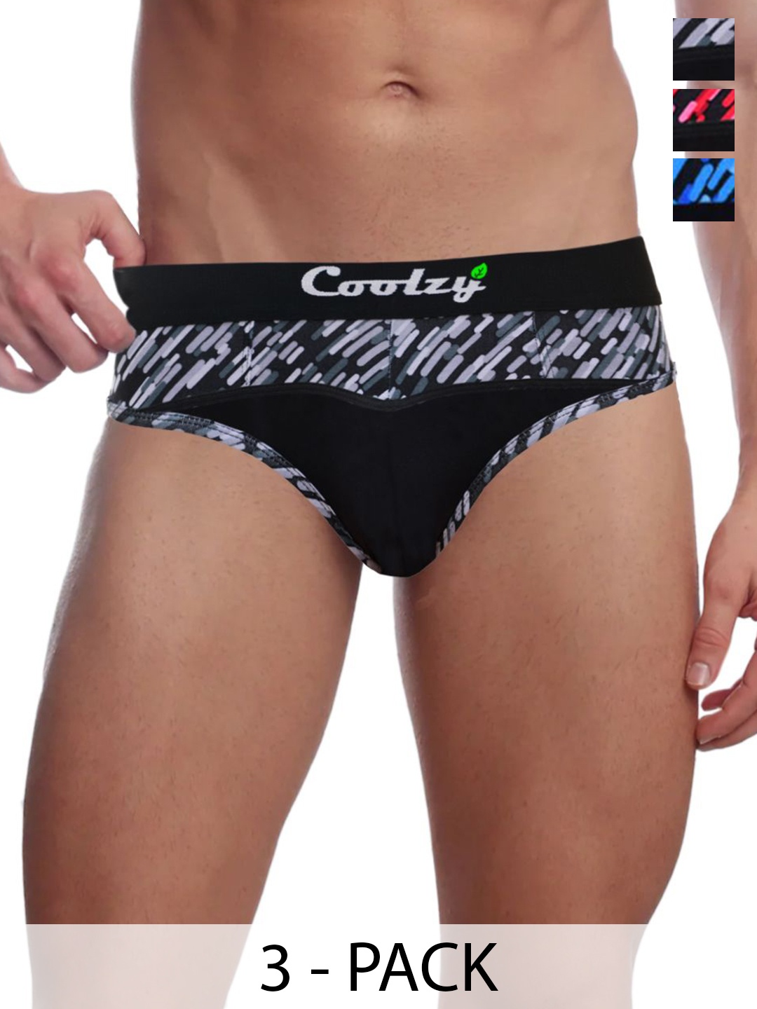 

COOLZY Pack Of 3 Printed Mid Rise Briefs - EOSHBF3K020-S, Black