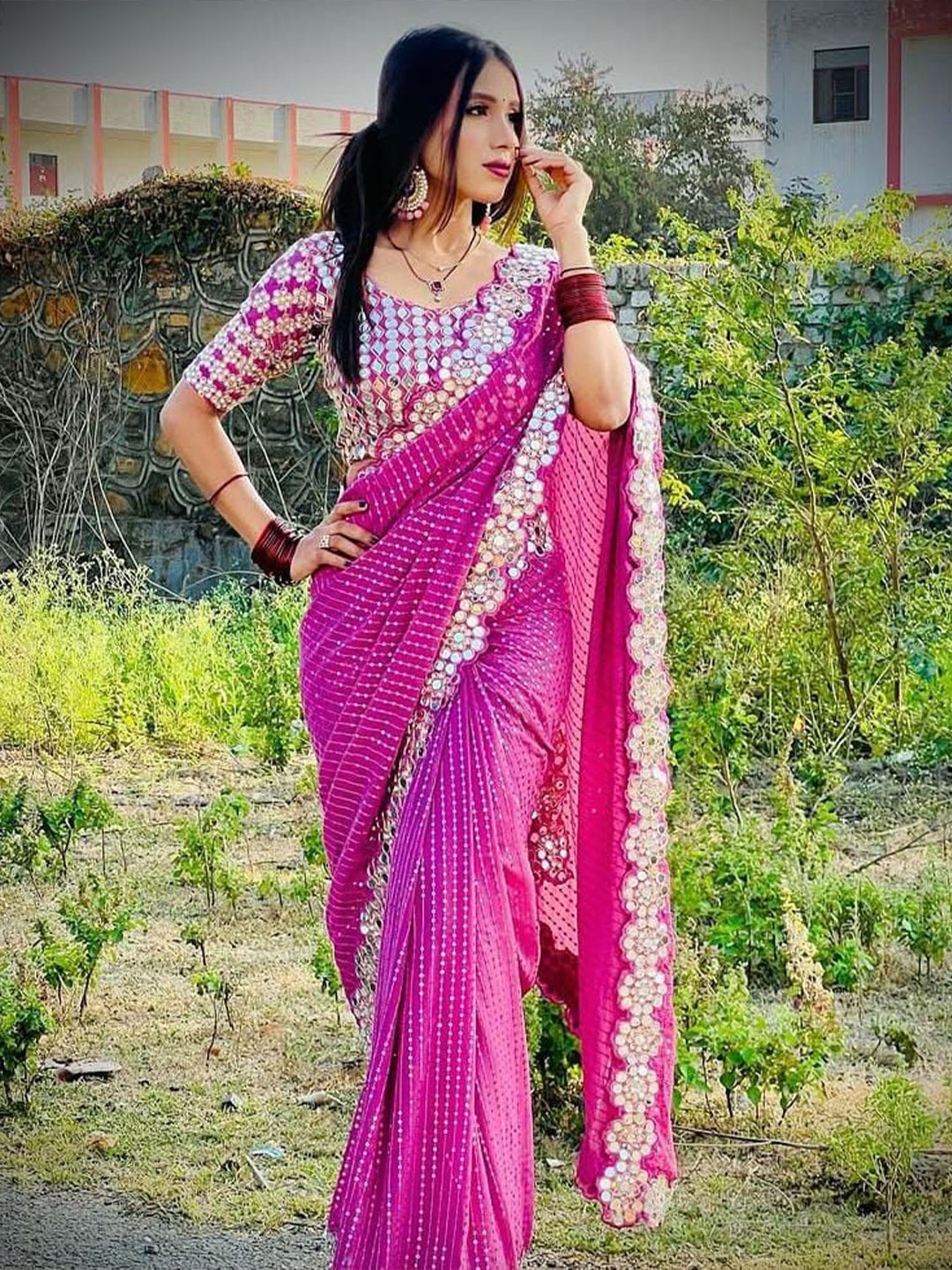 

MANSUBHA Embellished Mirror Work Pure Georgette Saree, Pink