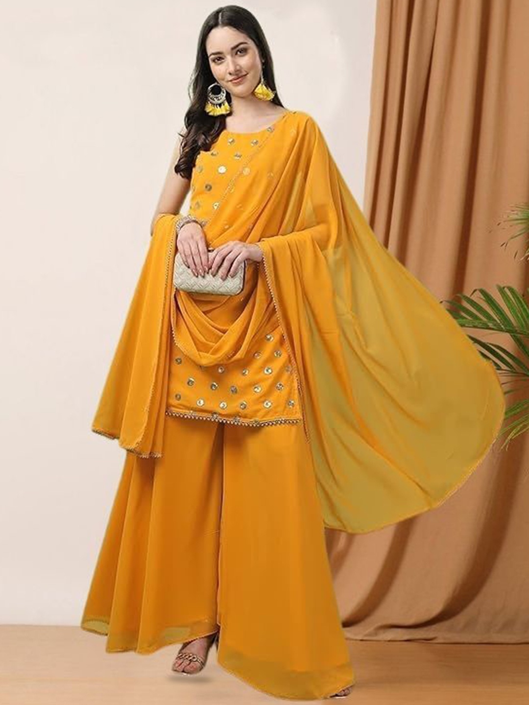 

PARROT CREATION Geometric Embroidered Georgette Straight Kurti With Sharara & Dupatta, Yellow