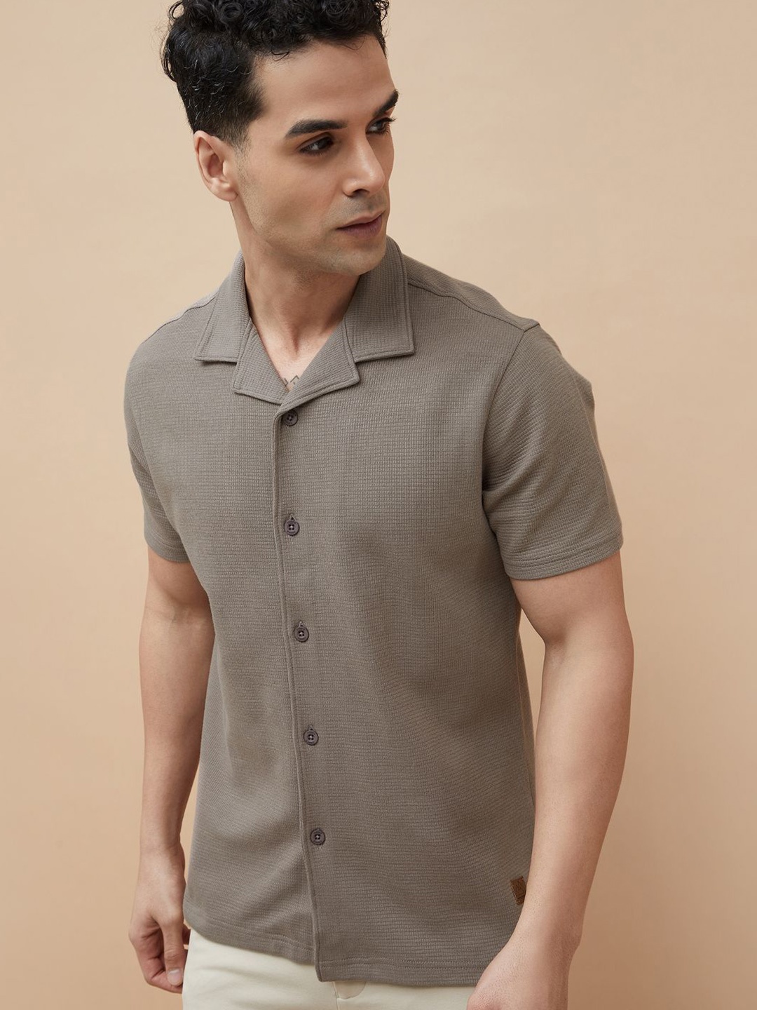 

CODE by Lifestyle Men Cuban Collar Textured Cotton Casual Shirt, Brown