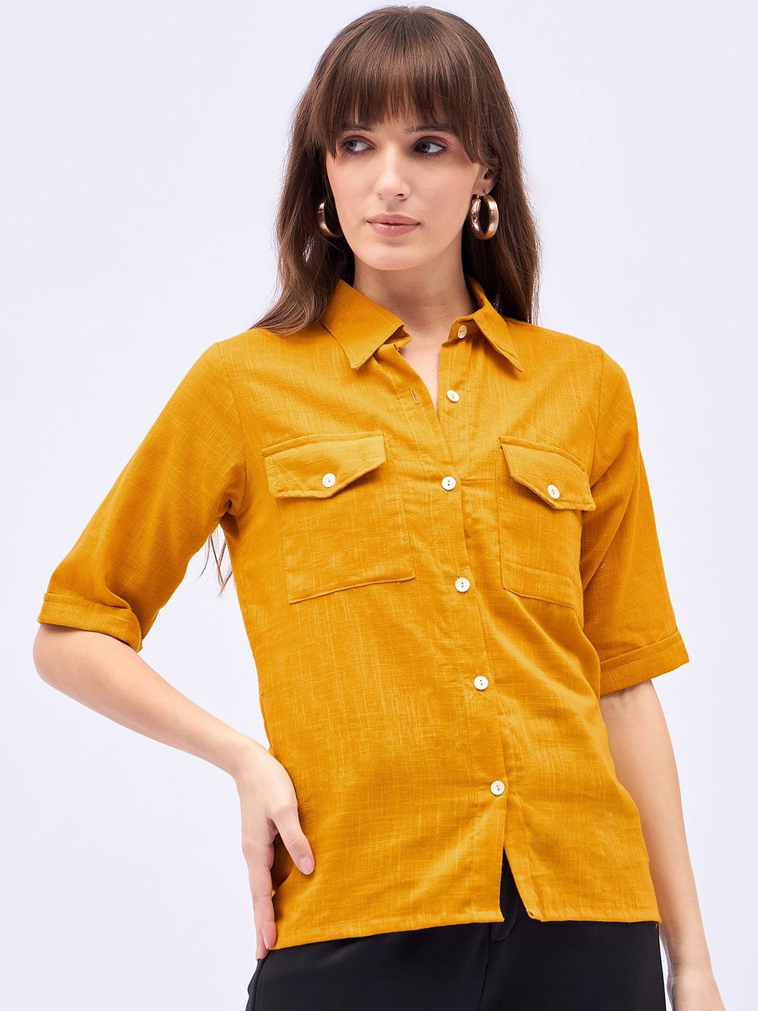 

DressBerry Women Classic Fit Spread Collar Solid Cotton Casual Shirt, Mustard