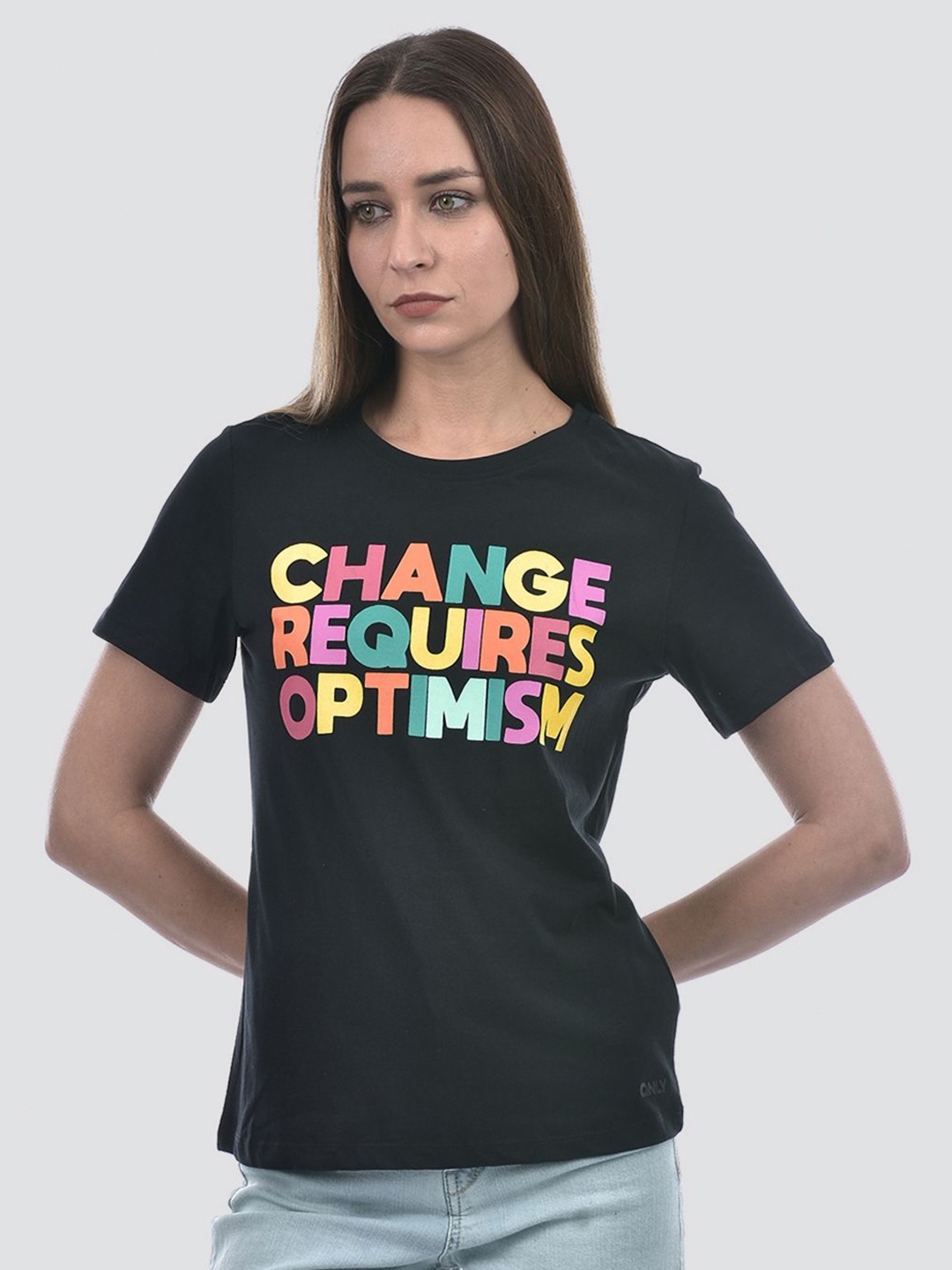 

ONLY Women Typography Printed Round Neck Cotton T-shirt, Charcoal
