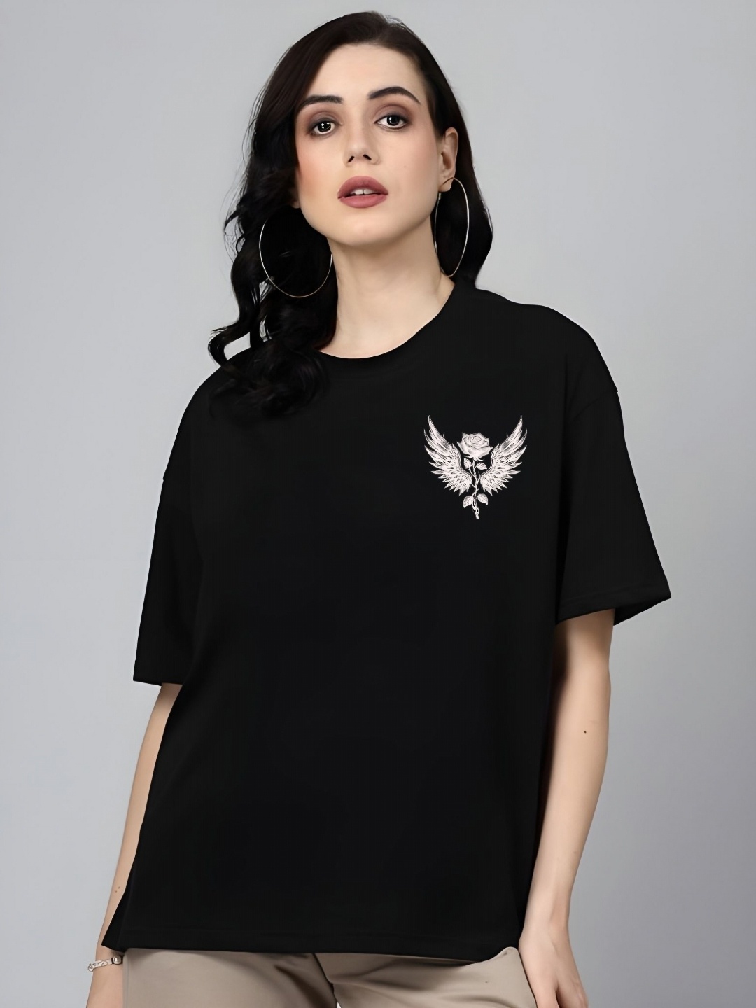 

DressBerry Women Floral Printed Round Neck Cotton Oversized T-shirt, Black
