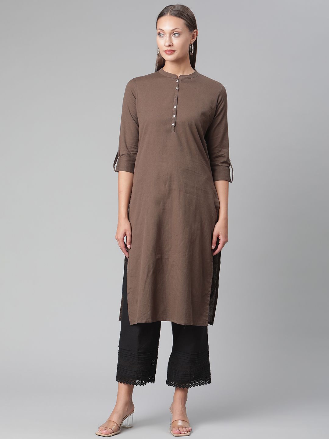 

Chandbaali Mandarin Collar Cotton Straight Kurta, Coffee brown