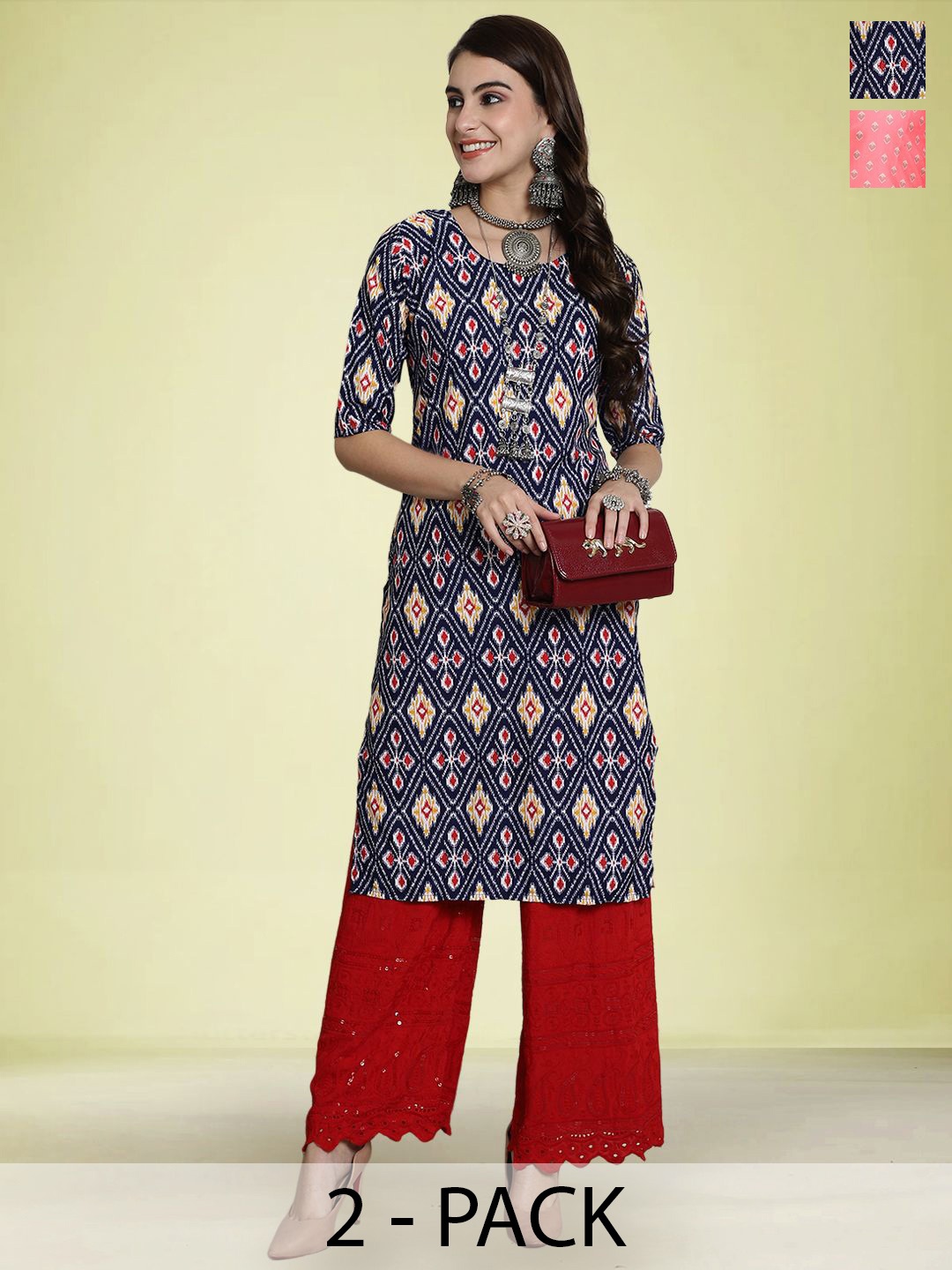 

Moda Rapido Set of 2 Ethnic Printed Round Neck Straight Kurtas, Navy blue