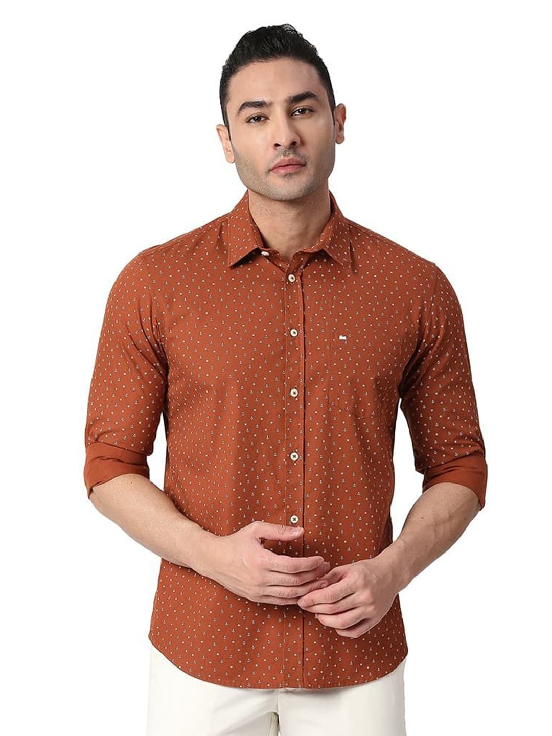 

Basics Men Relaxed Fit Spread Collar Floral Printed Cotton Casual Shirt, Brown