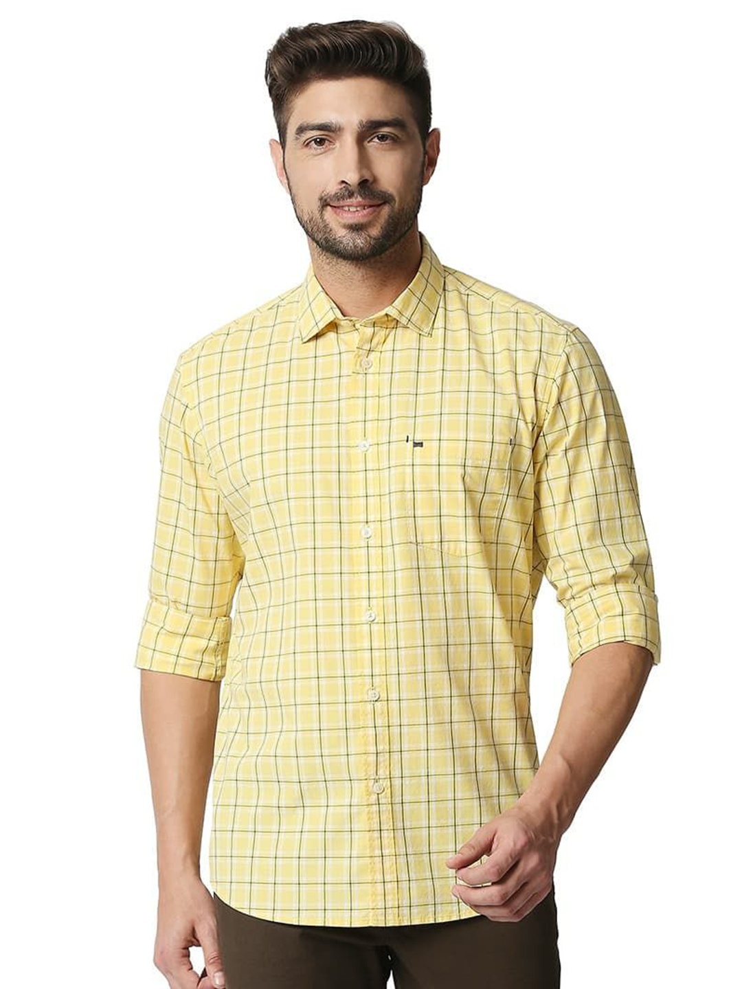 

Basics Men Relaxed Fit Spread Collar Checked Cotton Casual Shirt, Yellow