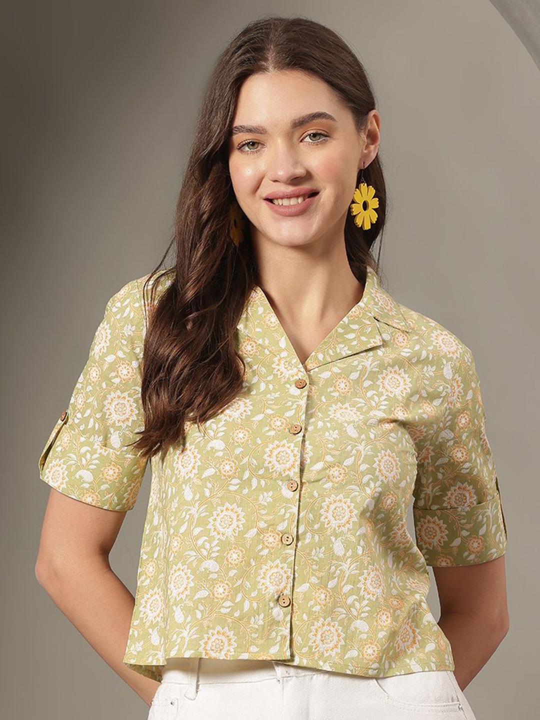 

JANAKDULARI CREATION Women Floral Printed Lapel Collar Cotton Top, Green