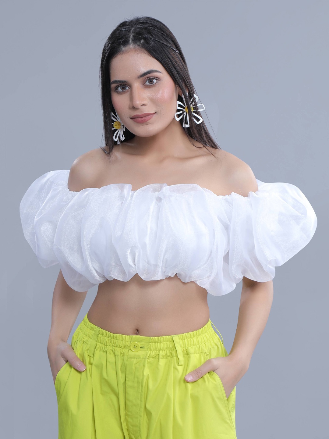 

French Theory Women Off-Shoulder Puff Sleeves Crop Top, White