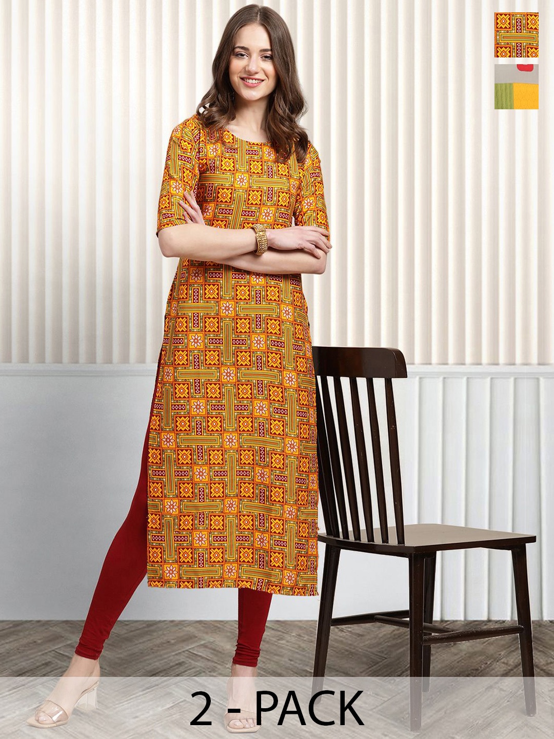 

Moda Rapido Pack of 2 Printed Round Neck Straight Kurtas, Mustard