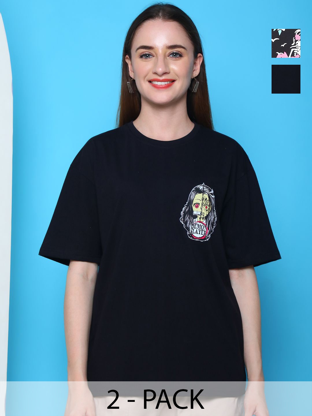 

Dreambe Women Pack Of 2 Graphic Printed Round Neck Cotton Oversized T-shirts, Black