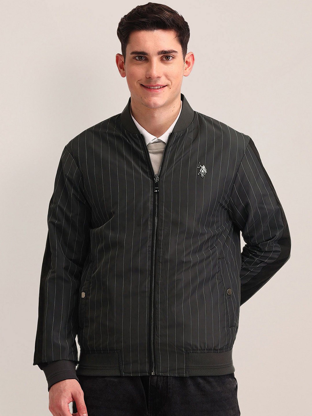 

U.S. Polo Assn. Men Stand Collar Striped Casual Bomber Jacket, Grey