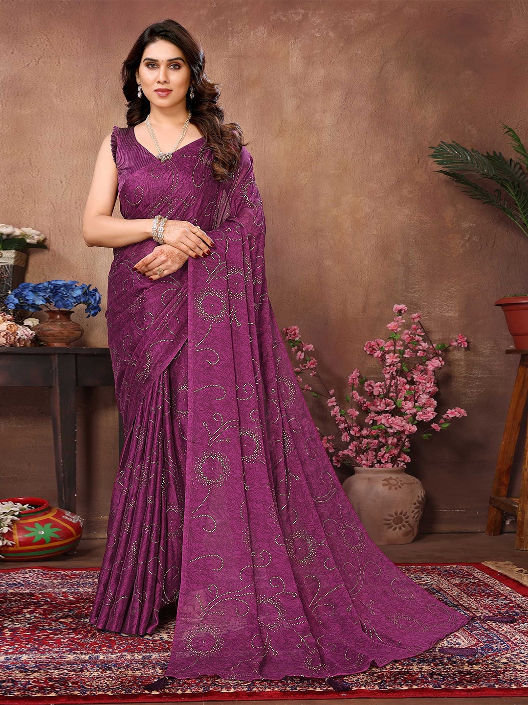 

DIVASTRI Embellished Beads and Stones Satin Saree, Purple