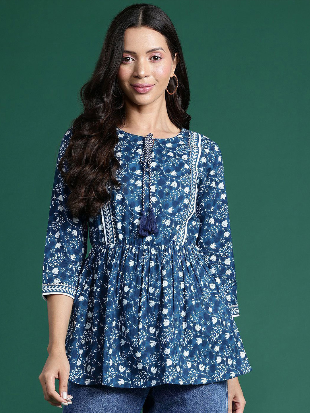 

DressBerry Print Tie-Up Neck Ethnic Cotton Peplum Longline Top, Navy blue