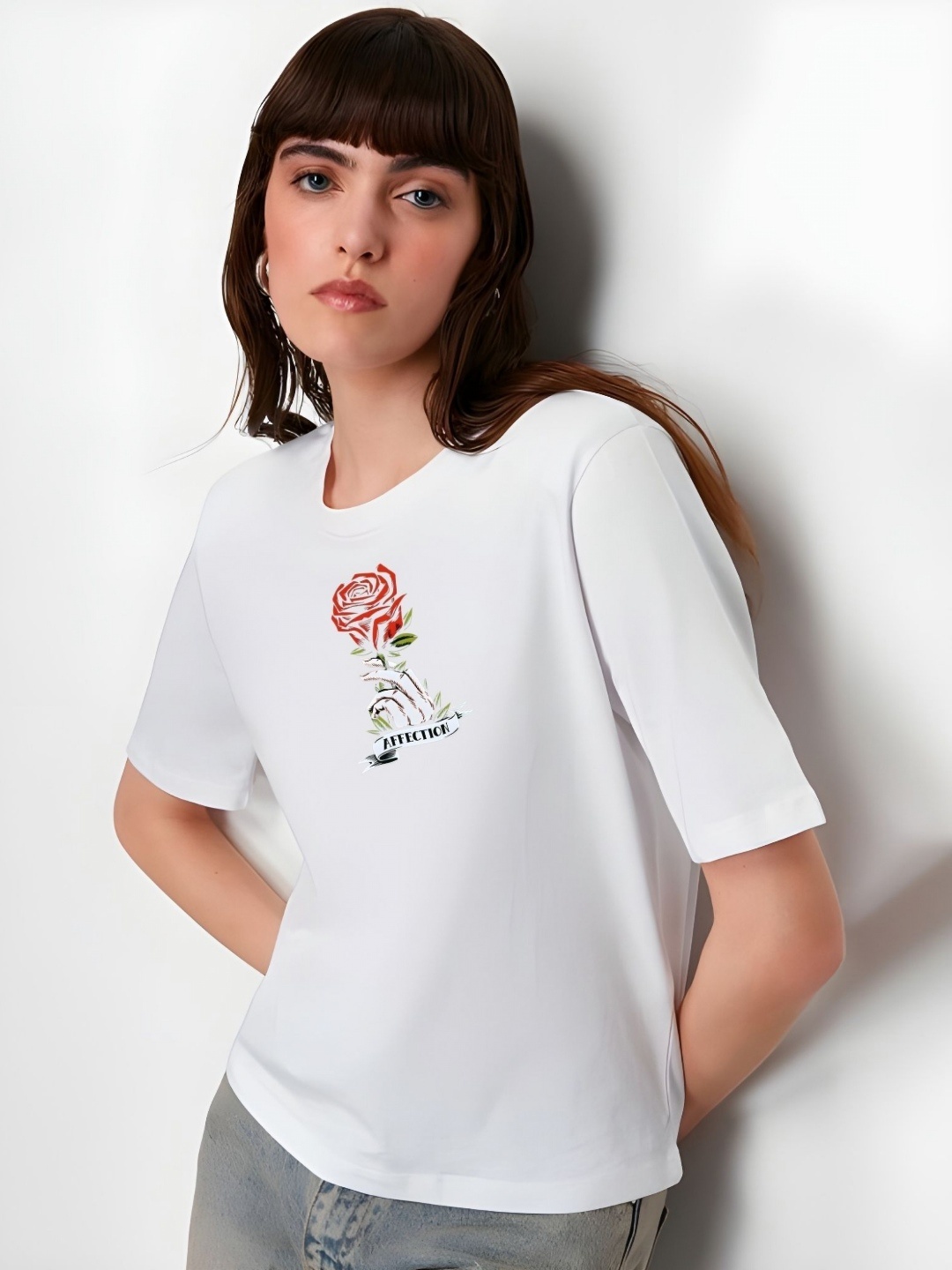 

DressBerry Women Graphic Printed Round Neck Cotton Boxy T-shirt, White