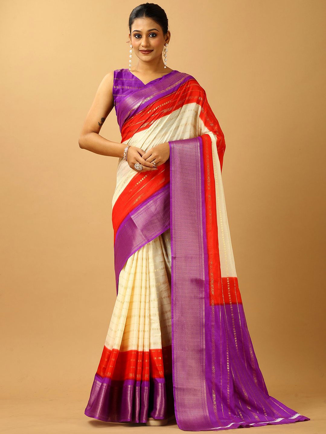 

NIRMAL CREATION Woven Design Zari Saree, Cream