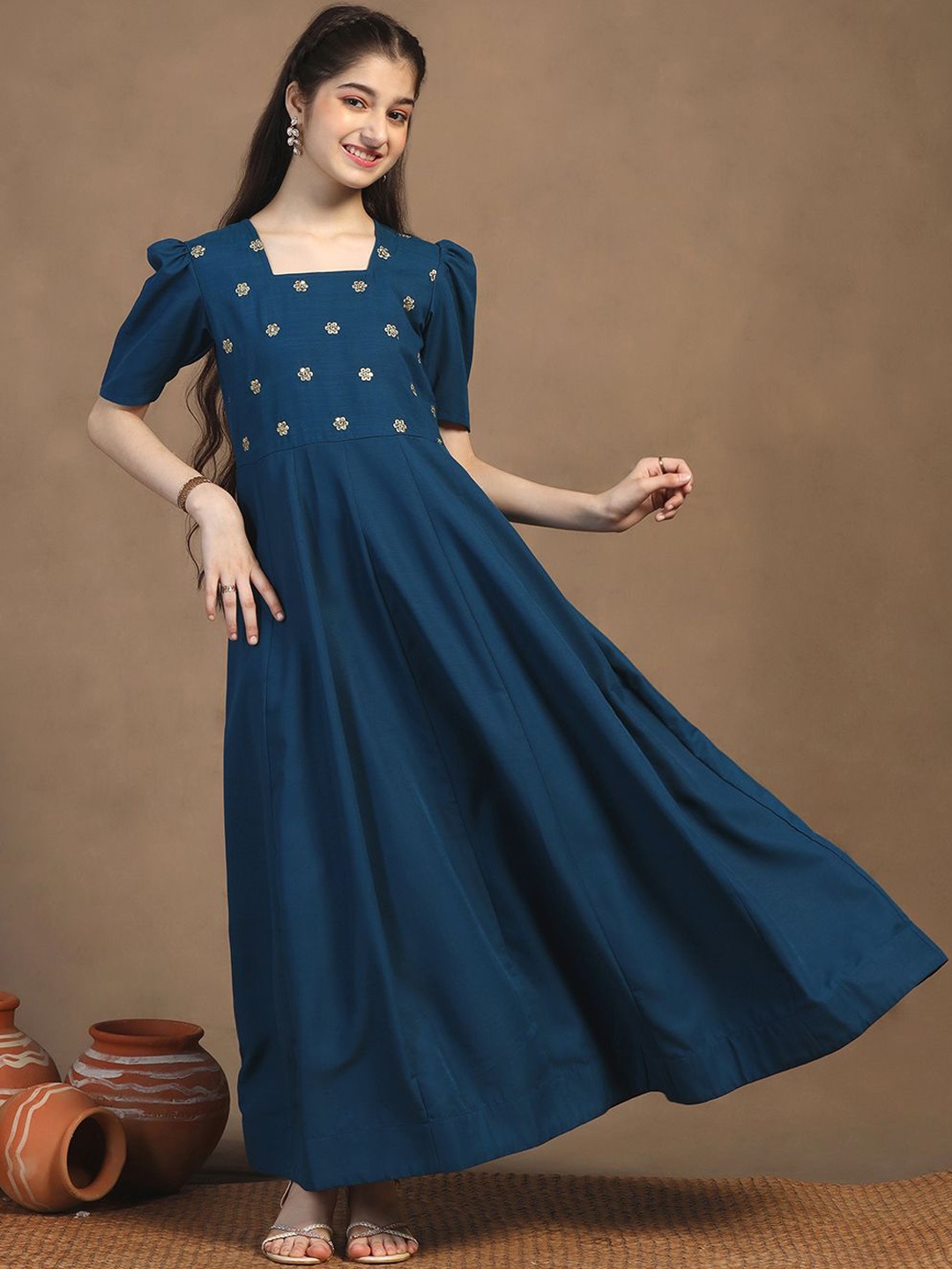

Sangria Girls Floral Embroidered Puff Sleeve Maxi Dress, Blue