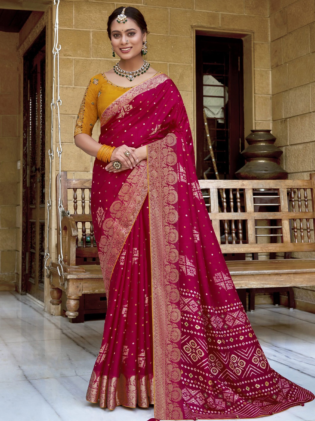 

NIRMAL CREATION Bandhani Zari Pure Georgette Saree, Pink