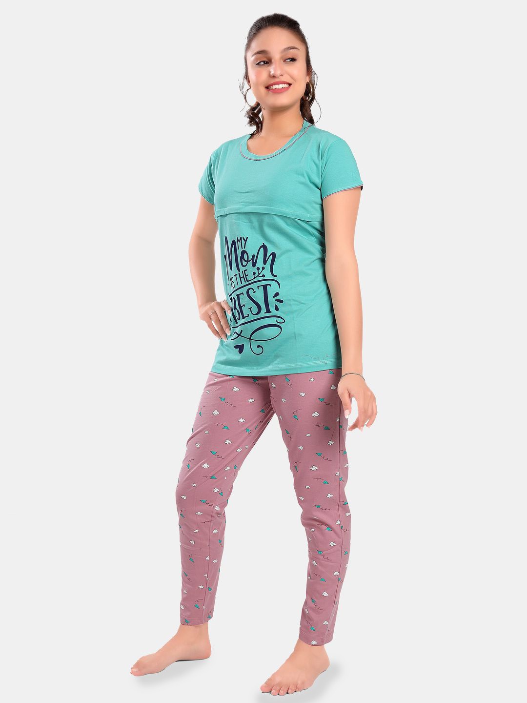 

SWEET MOON Typography Printed Round Neck Maternity T-Shirt With Pyjama, Blue