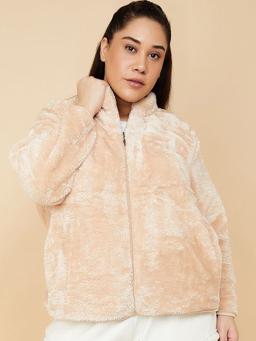 

max Women Mock Collar Solid Parka Jacket, Beige