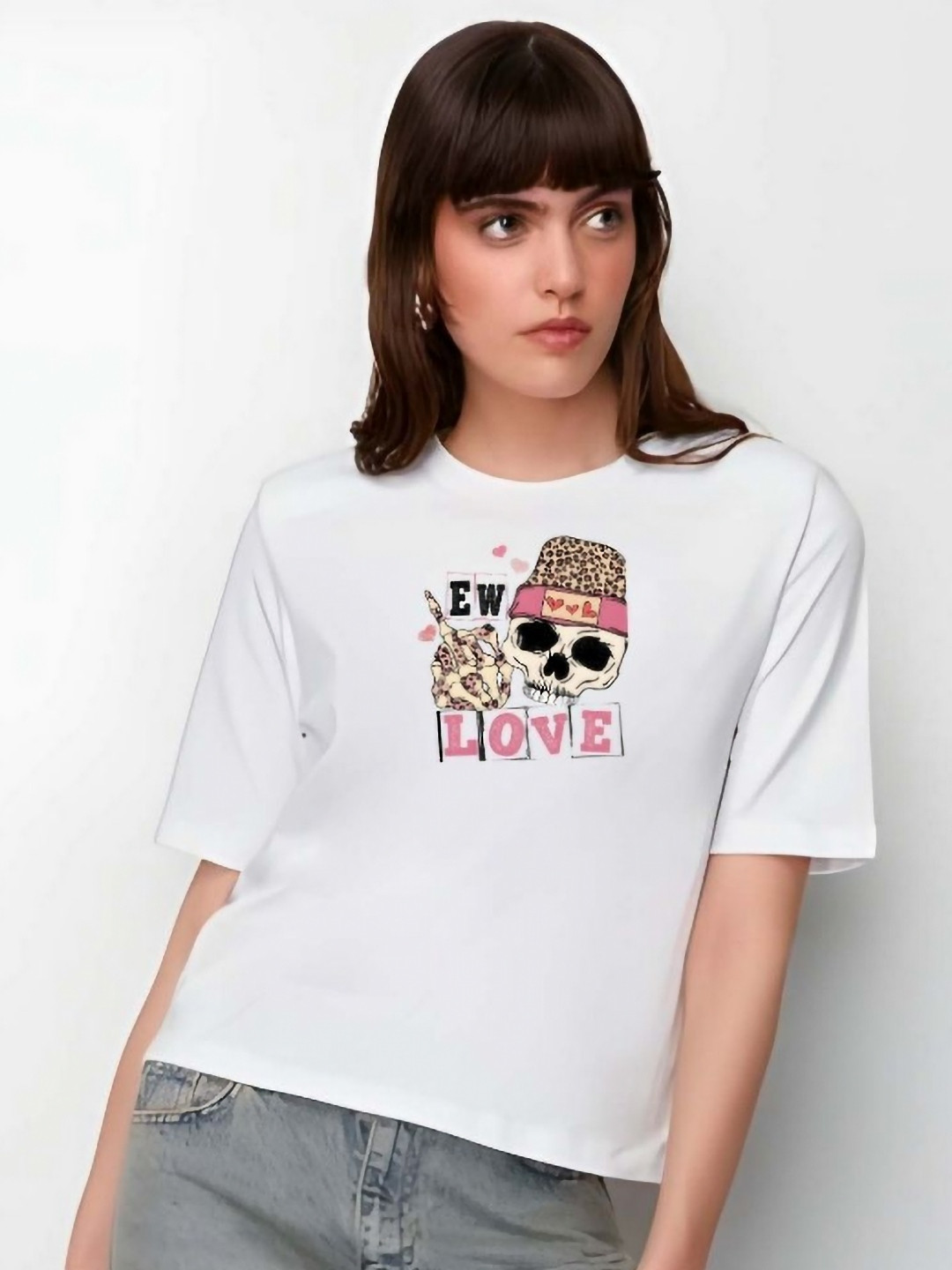 

DressBerry Women Graphic Printed Round Neck Cotton Boxy T-shirt, White