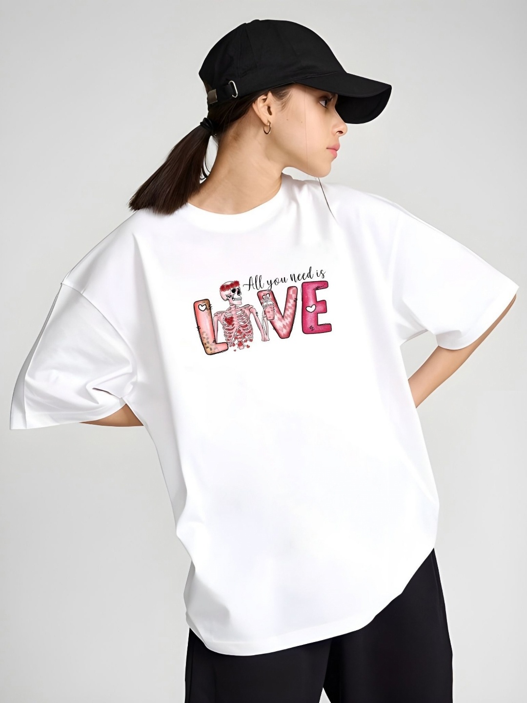 

DressBerry Women Graphic Printed Round Neck Cotton Oversized T-shirt, White