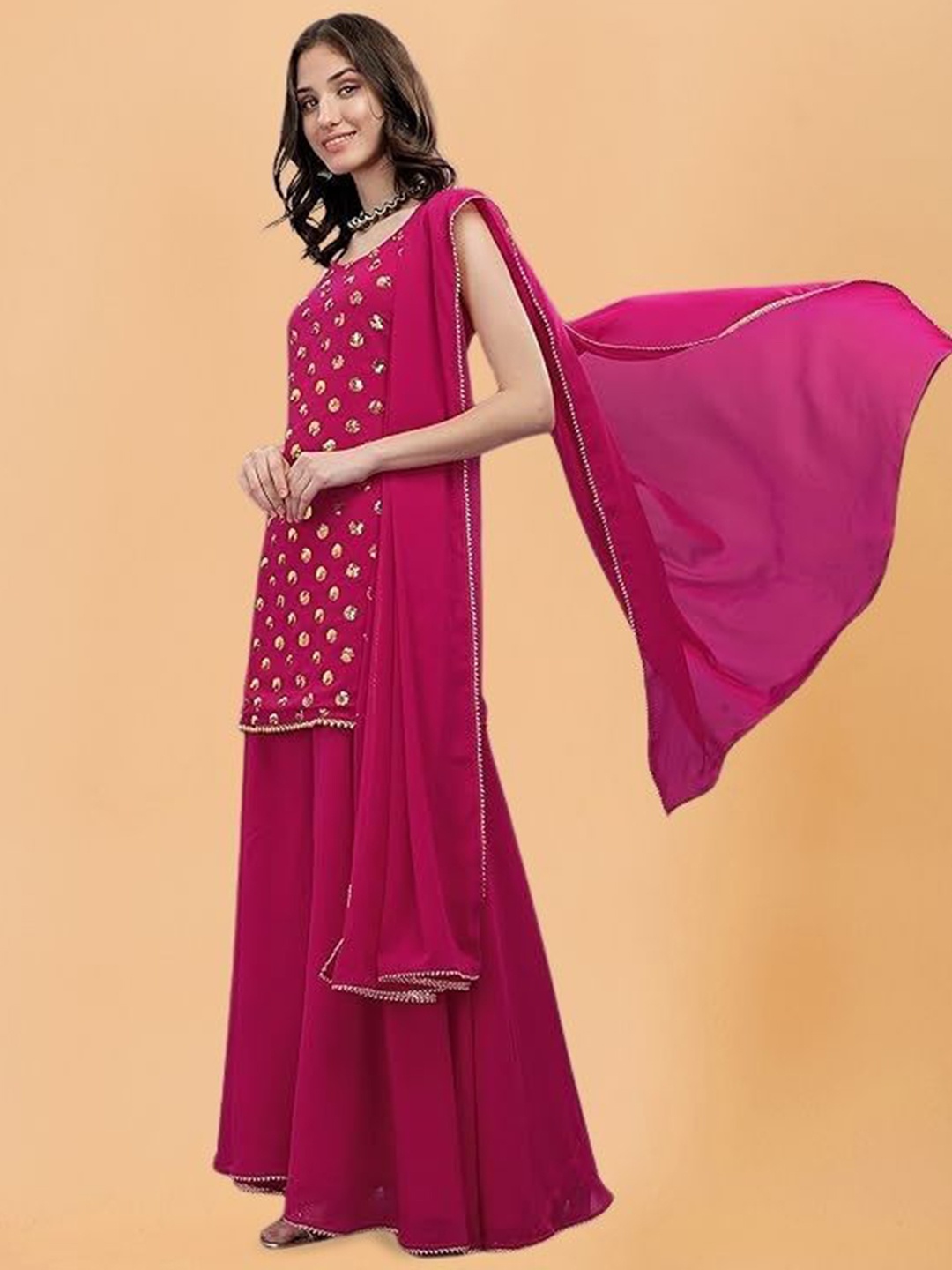 

PARROT CREATION Women Embroidered Regular Sequinned Kurti with Sharara & With Dupatta, Pink