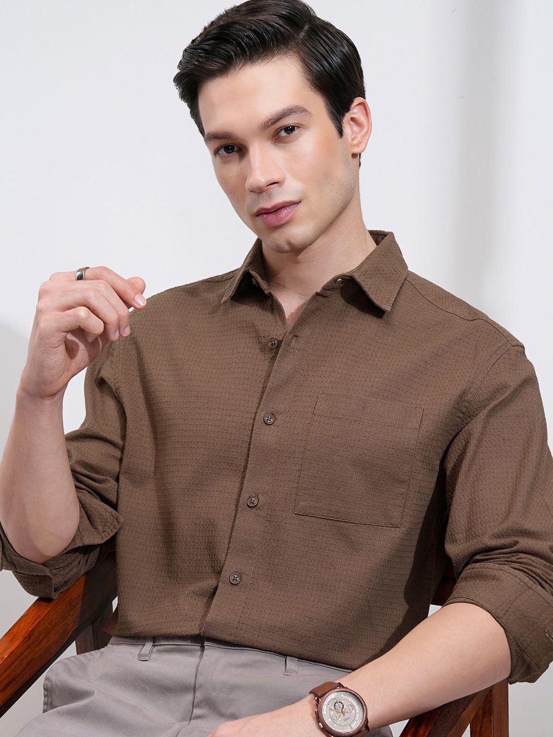 

HIGHLANDER Men Relaxed Fit Spread Collar Textured Cotton Casual Shirt, Brown
