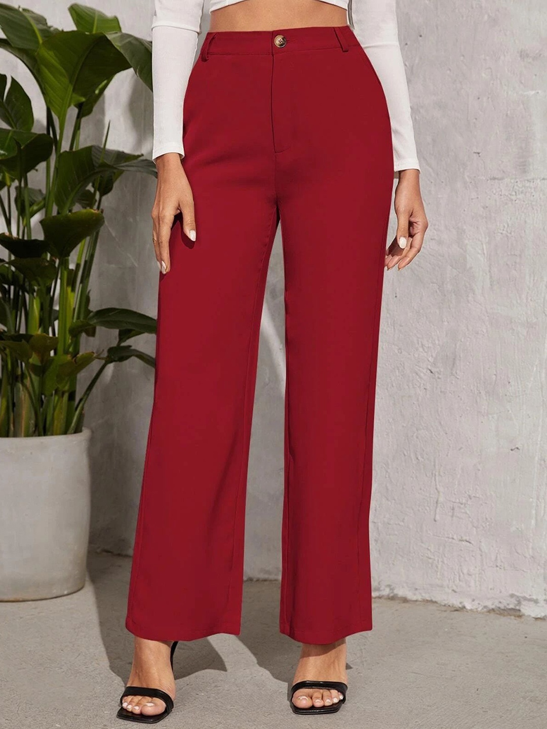 

FNOCKS Women Relaxed Straight Leg Straight Fit High-Rise Trousers, Maroon